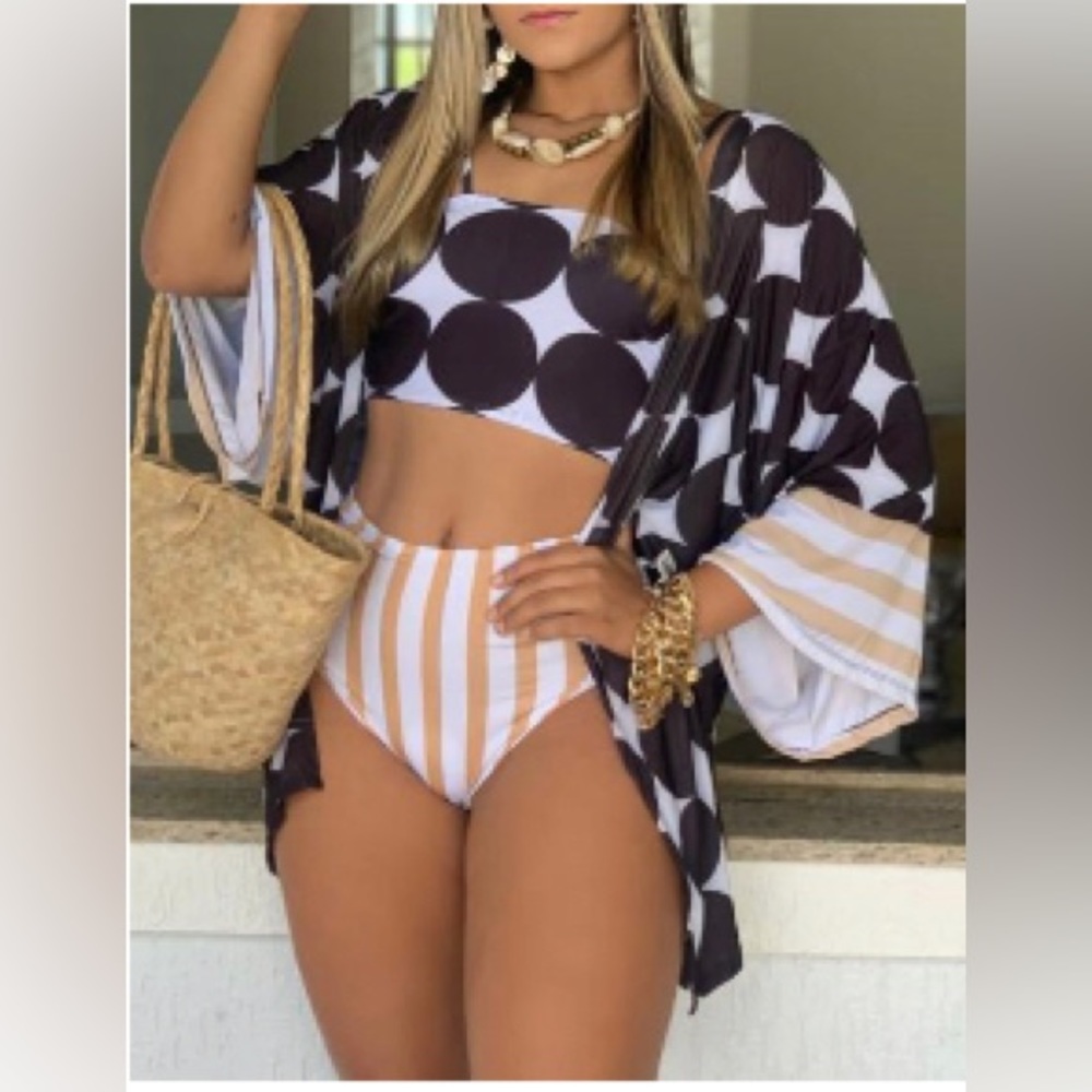 🧡NWT 3 PCS Polka Dot Striped Print Bikini Set With Cover Up🧡